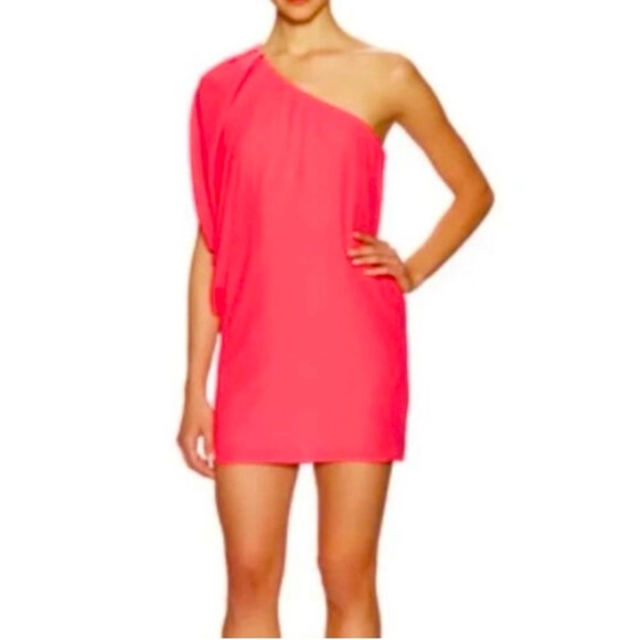 NWT Aidan Mattox One Shoulder Draped Flowy Lip Pink Mini Dress Party Bright Bold - Picture 1 of 9